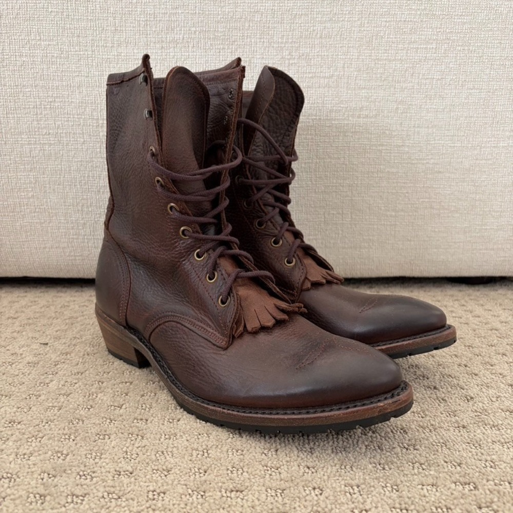 Vintage Shoe Company Lace Up Fringe Work Boots Brown Leather Women 11 M USA Made